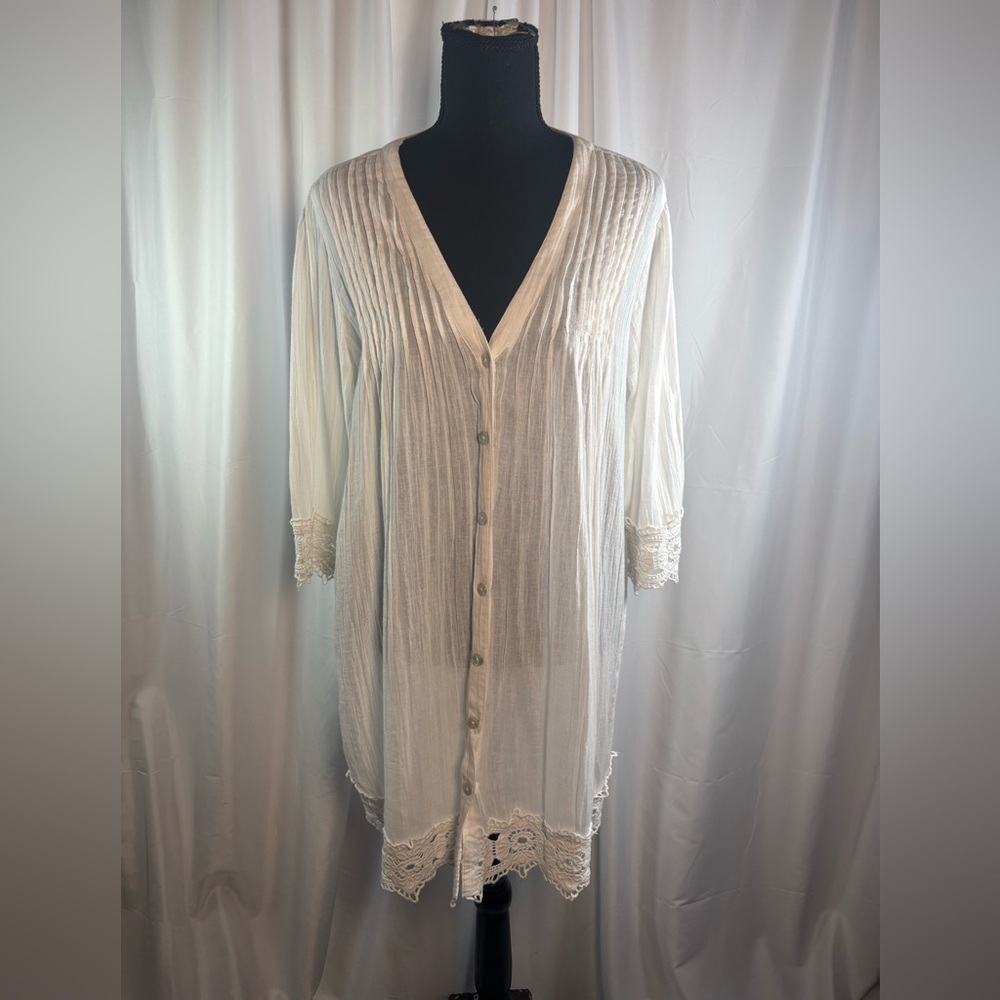 Blue Island White Crochet-Trim Sheer Long  Flowy Blouse Medium